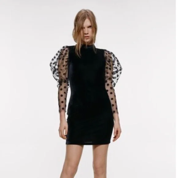 NEW HP Zara Velvet Look Long Sleeve Dress with Polka Dot Detail